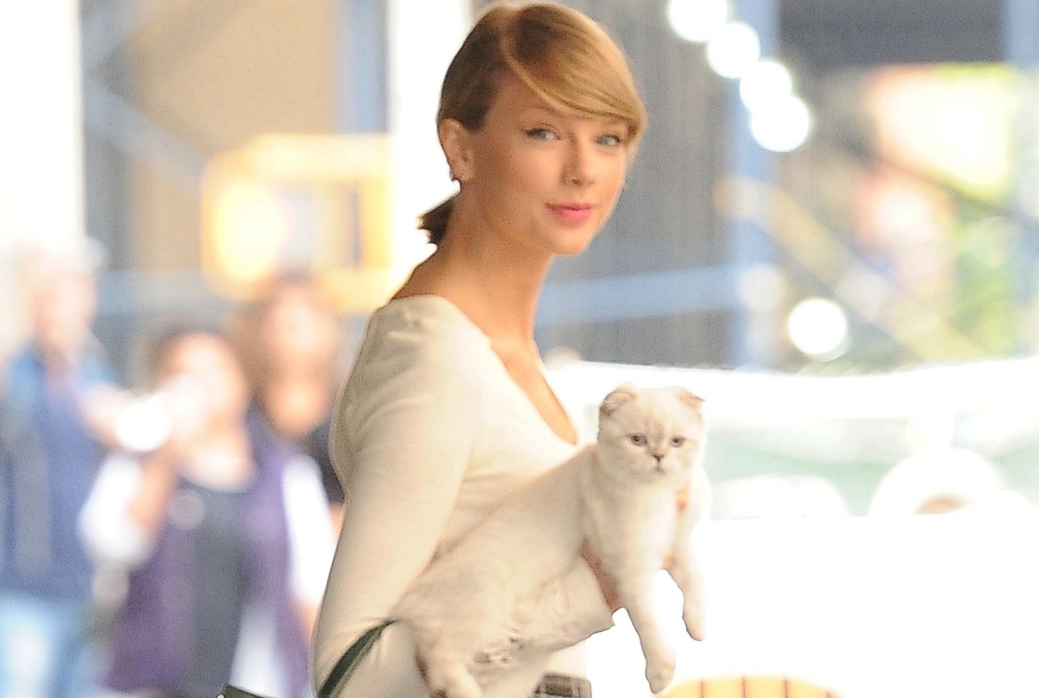 Taylor Swift houdt een witte kat vast terwijl ze over straat loopt