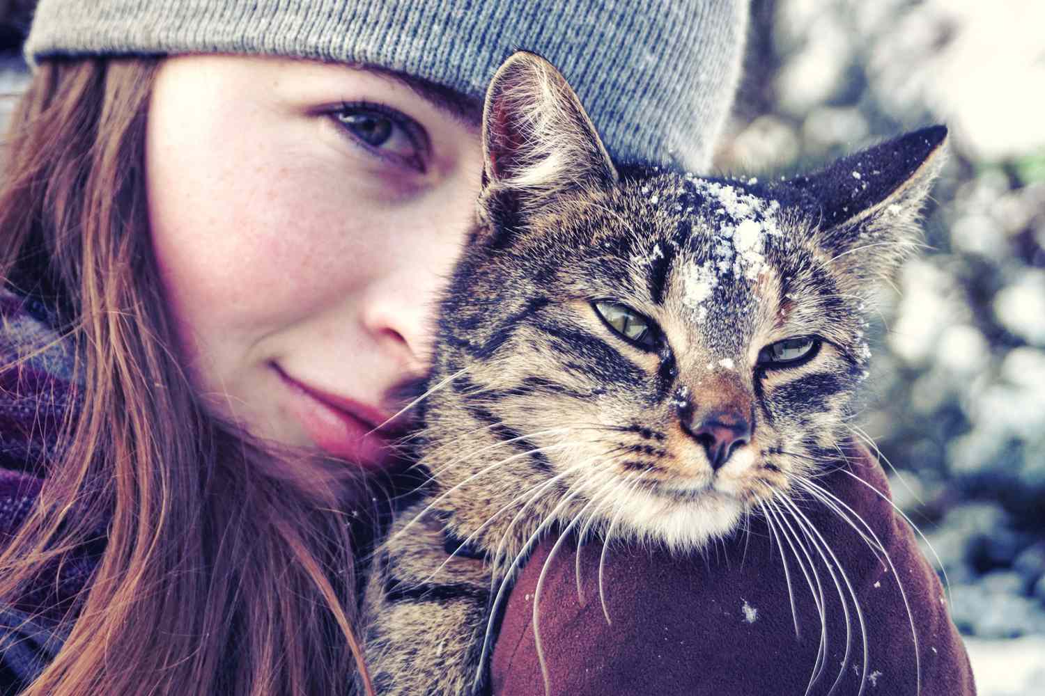 vrouw die een winterhoed draagt ​​en een kat vasthoudt met sneeuw op zijn hoofd